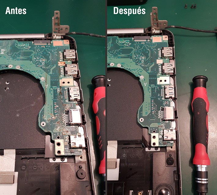 Reparación de un portátil mojado, antes y después.
